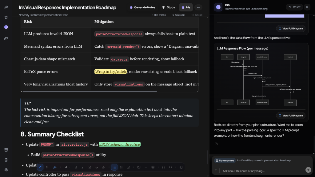 Notesify Workspace and Iris AI Assistant Interface